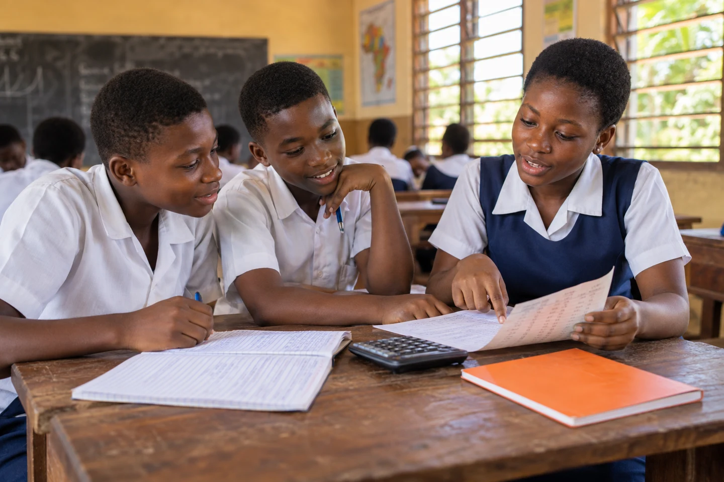 Illustrative scene of three Ghanaian students exploring a paper budget together